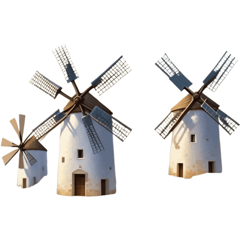 ​Cinematic Realistic Spanish Windmills (Mota del Cuervo), depicted as a cluster of gracefully aged windmills with weathered whitewashed facades and rustic wooden sails, standing proudly on a sunlit, rolling hillside of golden fields and olive groves, rendered with intricate textures and soft natural lighting that captures the timeless rural charm and historical significance of the Spanish landscape, emoji