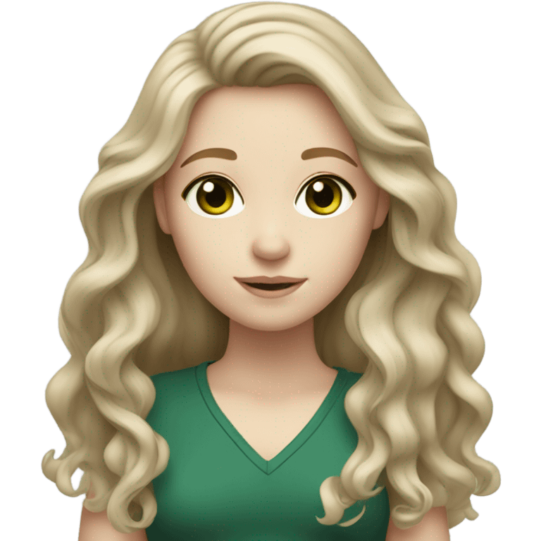 A girl with long wavy dark ash blond hair with dark green eyes and pale skin  emoji