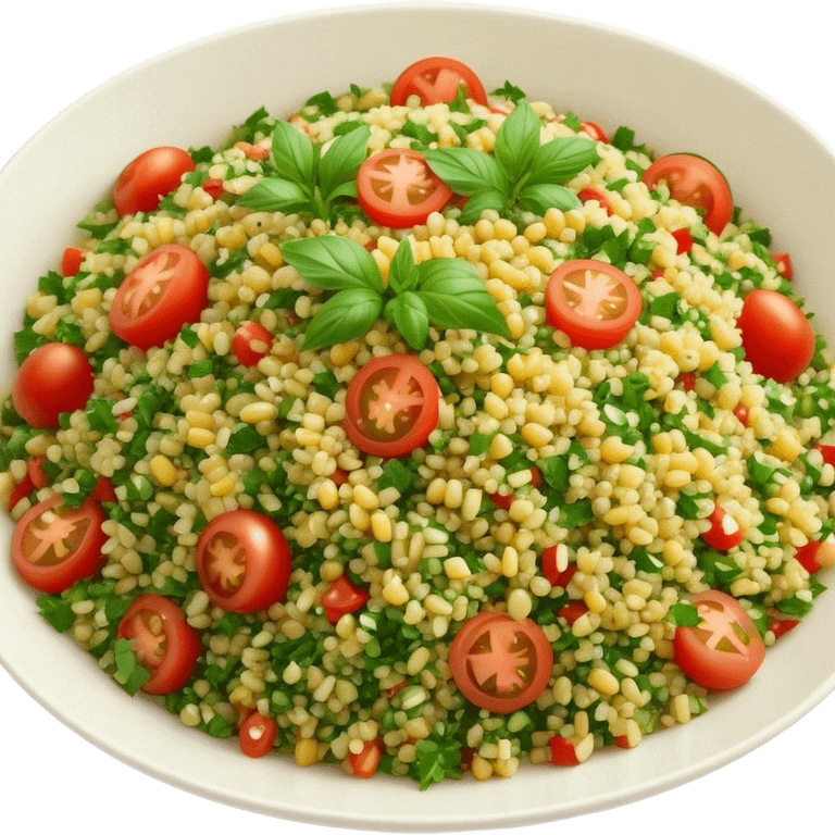 Cinematic Realistic Tabbouleh Salad Dish Emoji, showcasing a fresh herbaceous salad with bulgur, tomatoes, and parsley rendered with crisp textures and natural, vibrant lighting. emoji