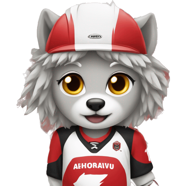 A wolf in a hockey uniform in red black and white with emoji