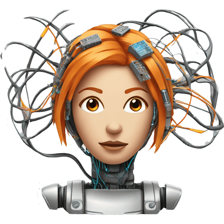 Head of female cyborg with orange hair and circuits wires emoji