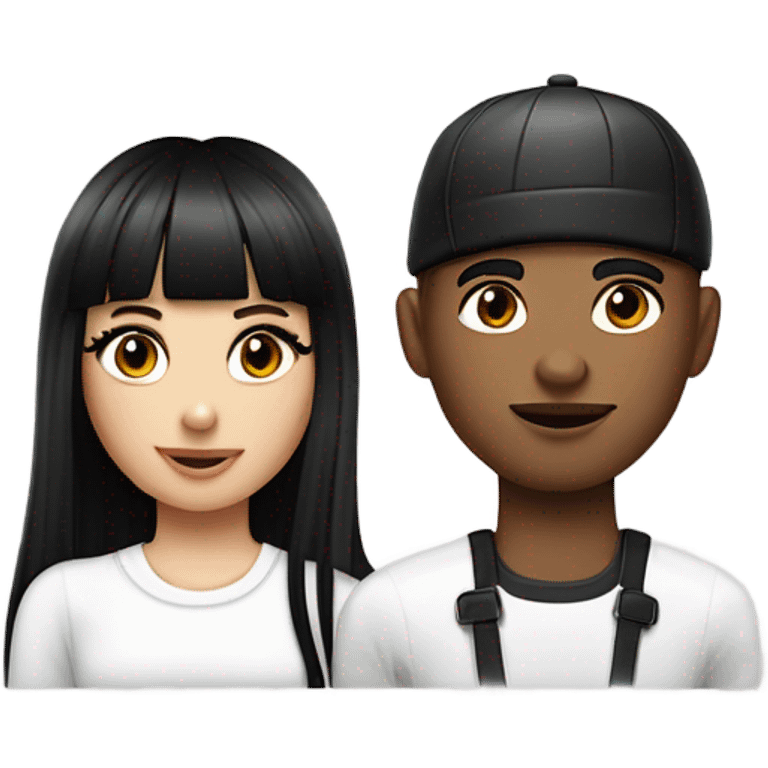 couple of teenagers, black-haired woman with bangs and long straight hair, with long eyelashes, eyeliner and a septum piercing next to a young man with short hair with curlers and a white jockey cap emoji