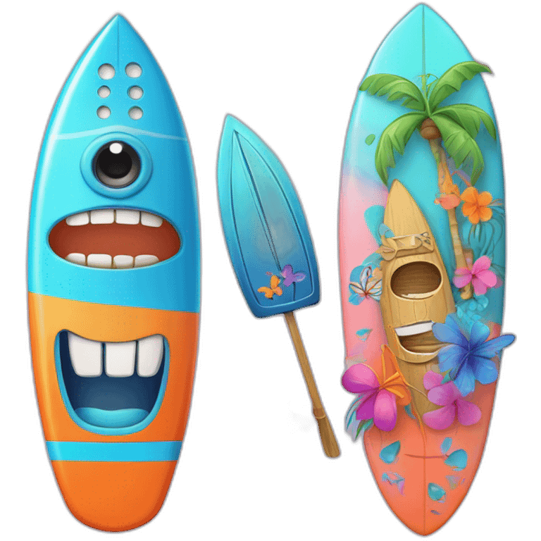 A surfboard Cartoon Blue and orange tiki smiling with butterfly and and Cartoon Blue and pink tiki singing with butterfly and mikrophone emoji