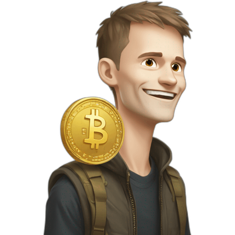 Vitalik hits himself on the head with Ether coins, wearing a sarcastic smile emoji