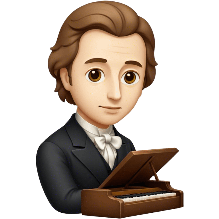 Cinematic Realistic Chopin Pop Culture Emoji, featuring an evocative portrayal of the legendary composer rendered with delicate textures and emotive, dynamic lighting. emoji