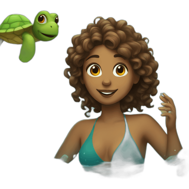 Indian woman with wavy hair swimming with a turtle emoji