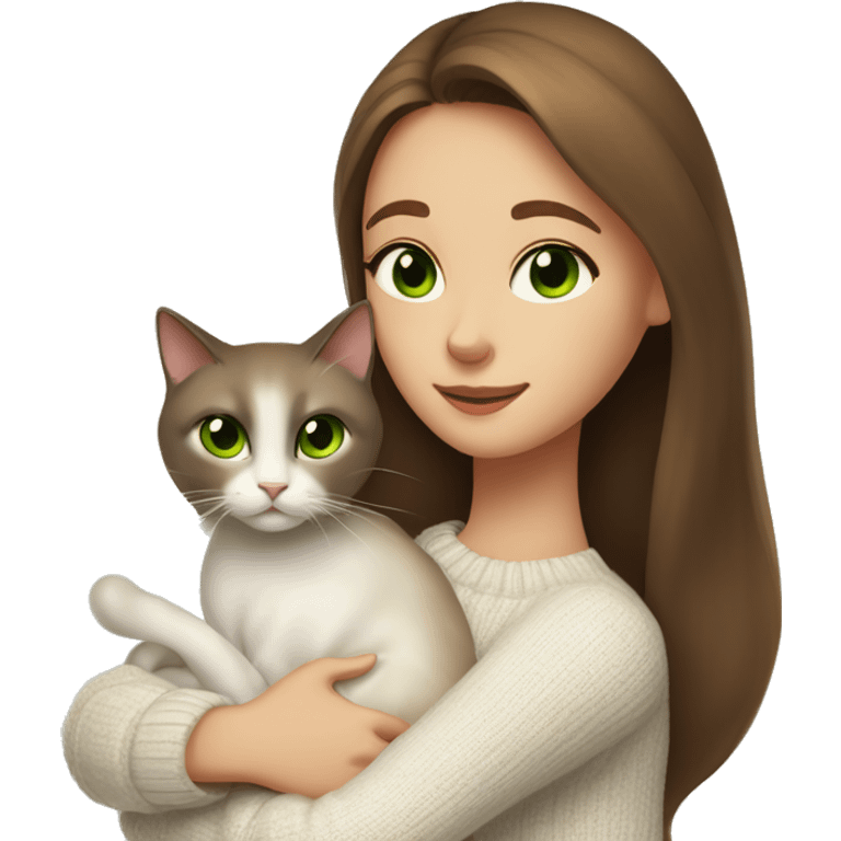 a girl with beautiful long brown hair and brown-green eyes in a white sweater, hugs a Siamese cat. emoji