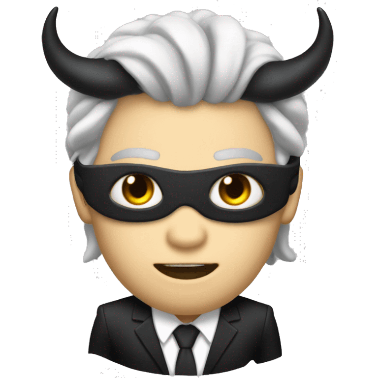 It's a male. It has white skin. It has black demon horns. It has black hair and long hair. It has a blindfold on eyes. It has sharp teeth. It is dressed in a black suit with a black tie. It is Devil. emoji