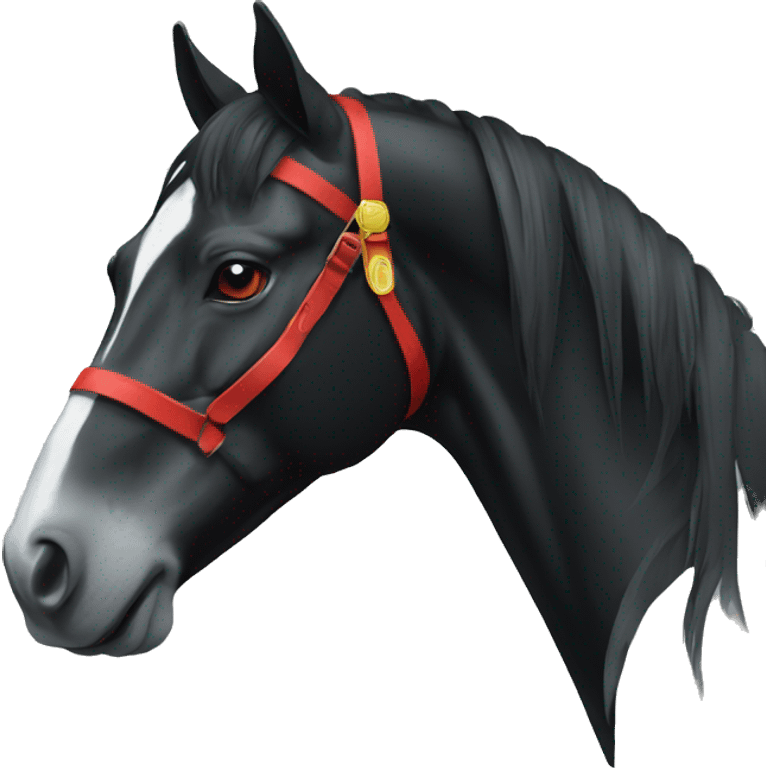 a black horse with a white stripe on its nose and red strands in the hryvnia emoji