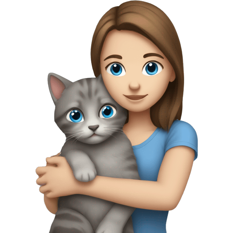 blue eyes grey kitten and brown hair girl hugs emoji