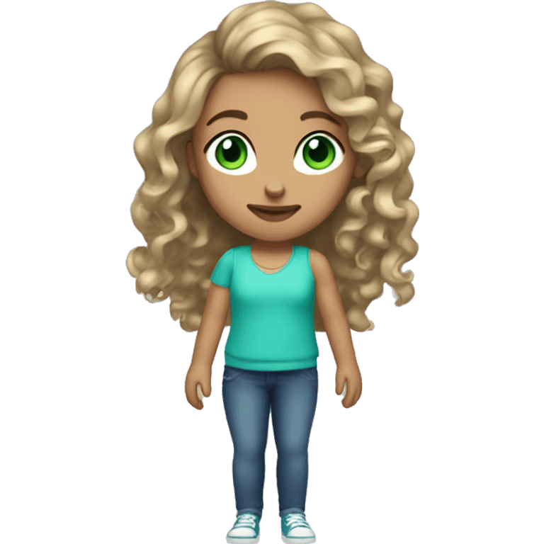 A girl with dark blonde wavy hair, green blue eyes, freckles and three earrings in each ear emoji