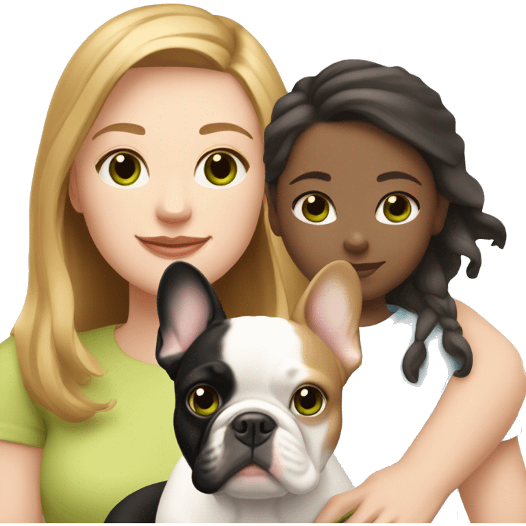 white human Mom with light brown hair and green eyes, white human daughter with light brown hair and blue eyes, and one white French bulldog with black  emoji