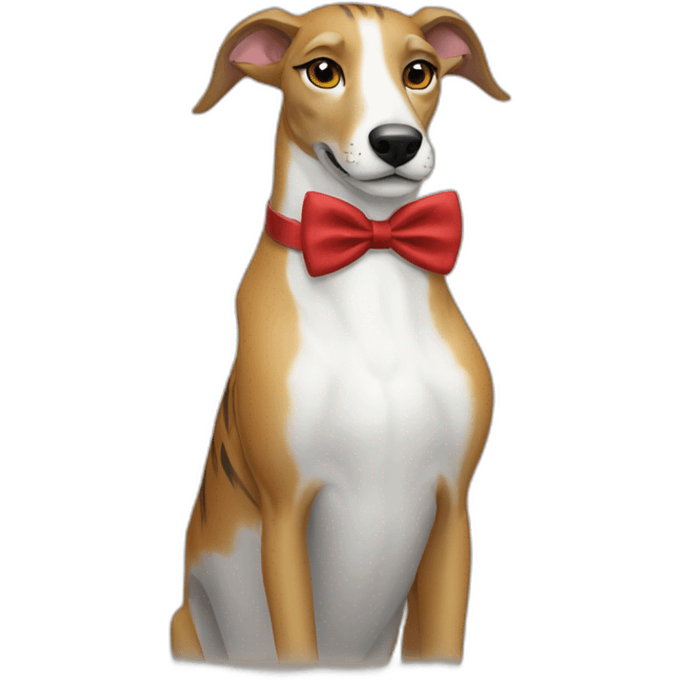 tiger greyhound with white mark and a red bow tie emoji