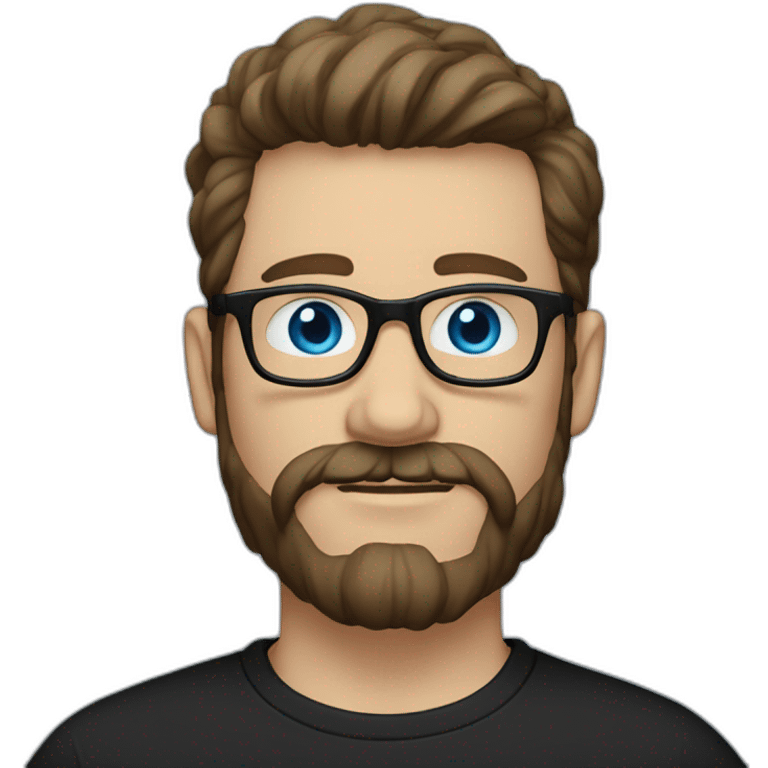 White man with blue eyes and dark brown hair, styled sideways backwards. He has a beard and mustache trimmed and wears a black t-shirt and vintage glasses. emoji