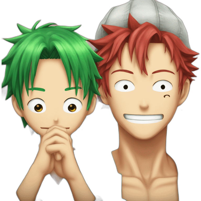 Shanks (red haired guy from One Piece) and Zoro (Green Haired guy from One Piece), touching their lips emoji