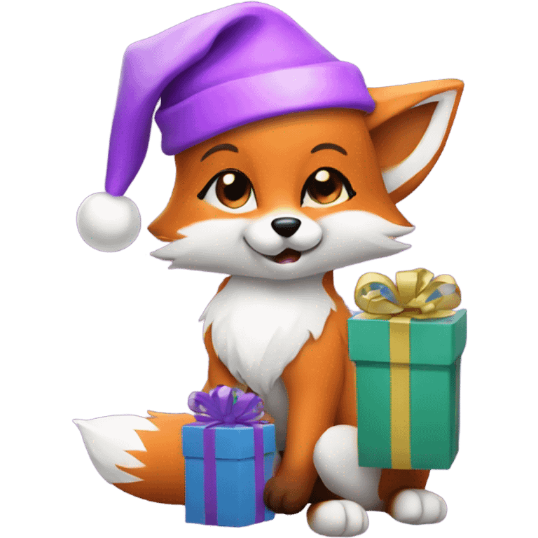 Baby fox wearing a purple Santa hat with gifts emoji