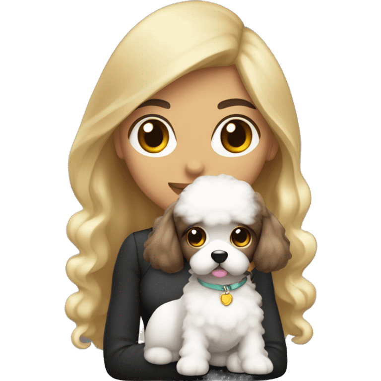 chica morena de pelo oscuro con su perra caniche blanca juntas emoji