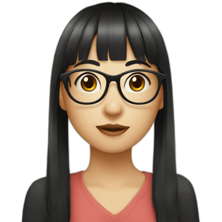 girl,wearing glasses,bangs，black hair,straight hair,Chinese girl emoji