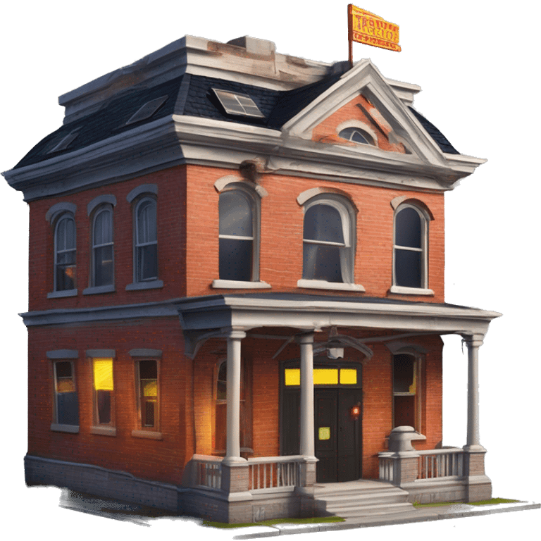 Very old dilapidated Firehouse building shaped like the Ghost Busters Firehouse with solar lights and decorative and detailed interior design with police tape to close it off  emoji