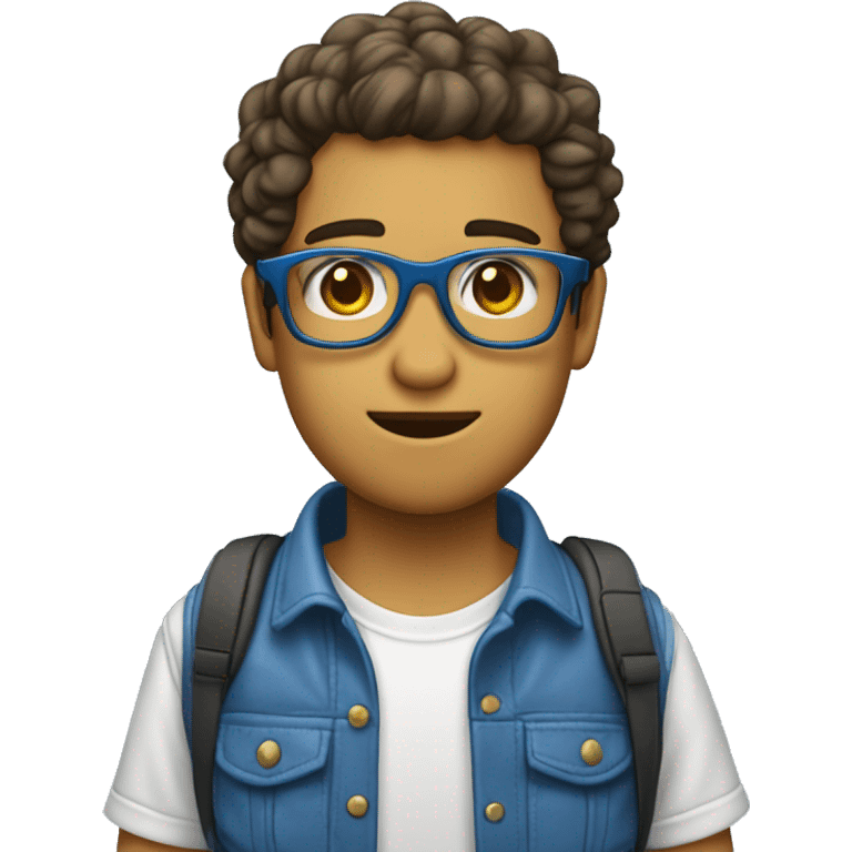 Joven con gafas, camisa azul y mochila, cabello liso emoji