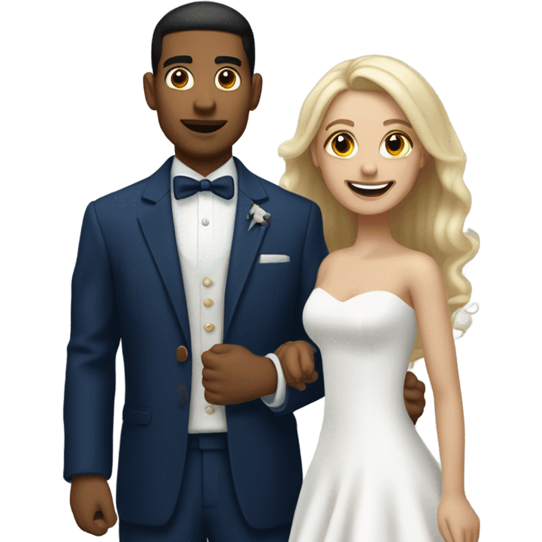 Puerto rican beard short hair with blue hat and navy blue suit getting Married with blond long hair girl with white  wedding dress  emoji