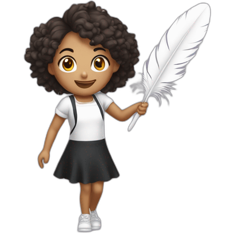 a girl in a white T-shirt and a black apron dances with a feather depilator emoji