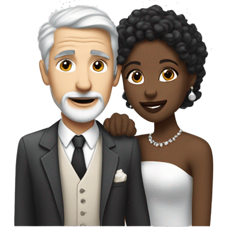 A pale white man with grey hair and with a goatee has just married, with a black woman with black shoulder length curly hair and a brown complexion. They have a lot of money. they are hugged emoji