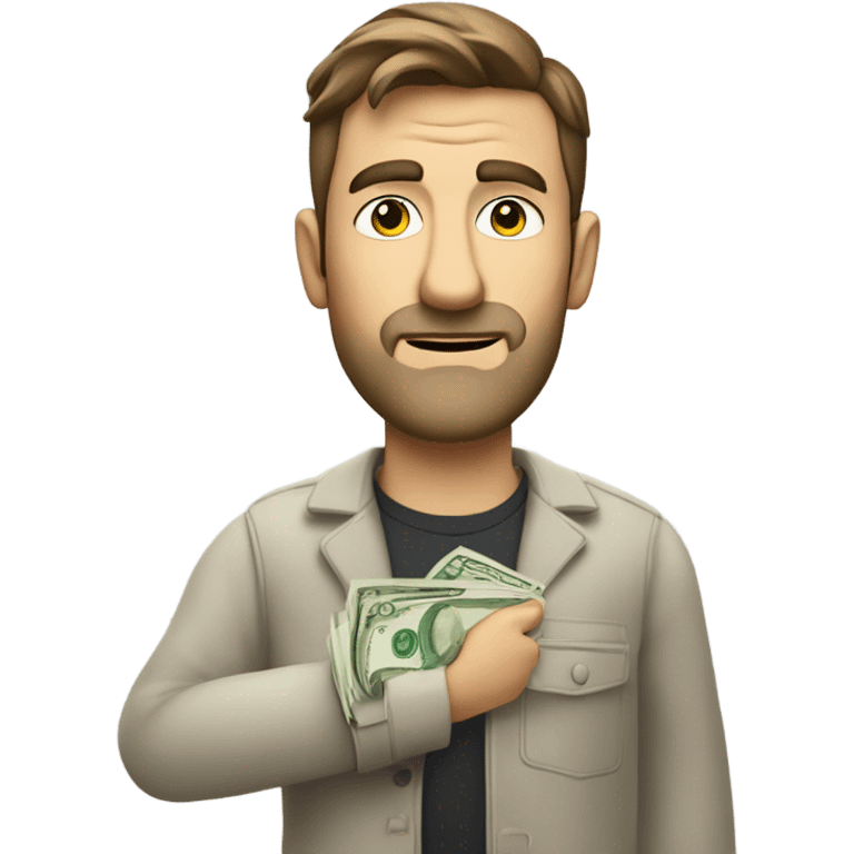 Caucasian Man sticking out his hand with money and a scowl emoji