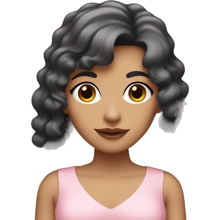 White woman with long black curly hair and bangs and dark brown eyes, wearing a pastel pink dress emoji