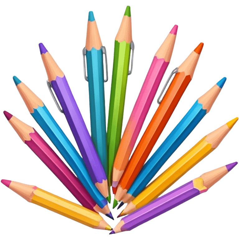 Cinematic Realistic image of a set of finely sharpened colouring pencils arranged neatly on crisp paper, rendered with vibrant hues and detailed pencil textures, illuminated by soft, creative lighting that captures the spirit of artistic expression emoji