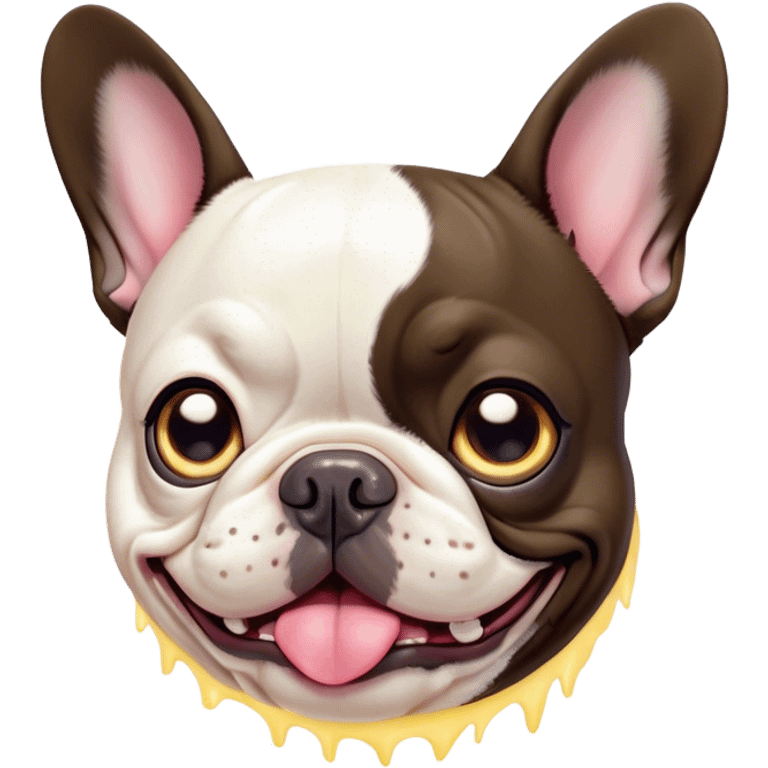 Cinematic Comical Pied French Bulldog Portrait Emoji, Head tilted with an exaggeratedly shocked, comical expression and wide, humorously expressive eyes, showcasing a distinctive pied fur of contrasting hues and a charmingly goofy face, simplified yet hilariously detailed, glowing with a sassy, playful radiance, high shine, exuding a mischievous and meme-worthy charm, styled with a soft glowing outline, capturing the essence of a Pied French Bulldog that looks ready to spark a viral laugh! emoji