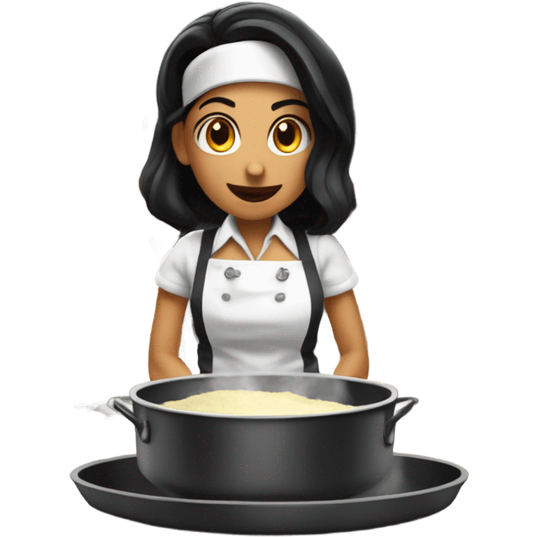 White woman with straight black hair cooking a soufflé while teaching a graduate class emoji