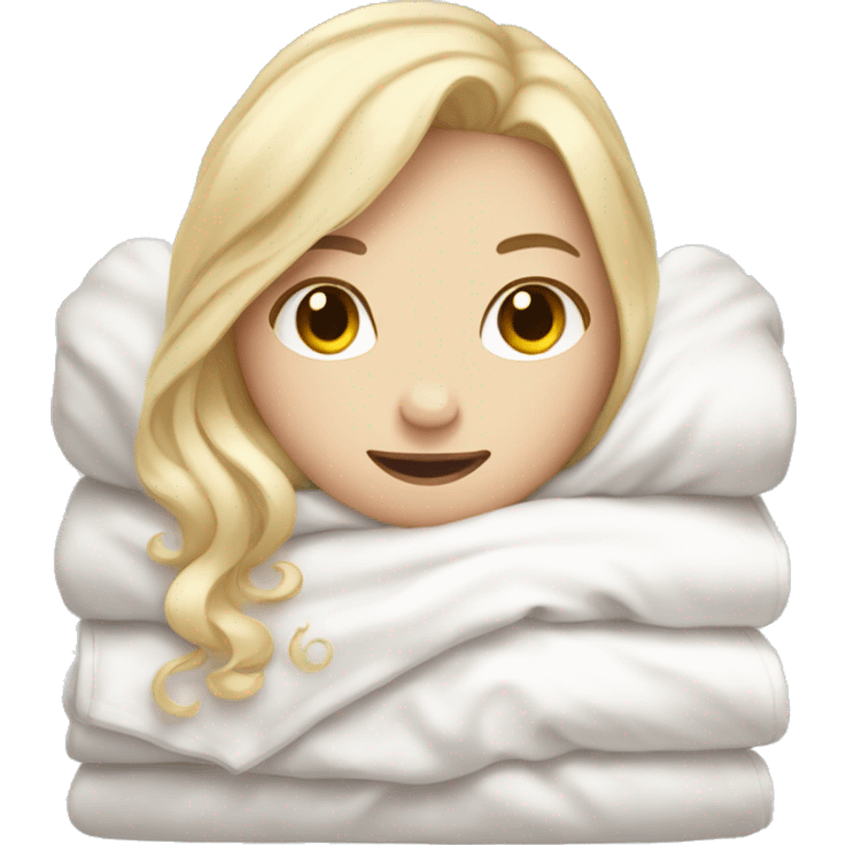 Pale Girl with blonde hair  laying down cozy in a white blanket emoji