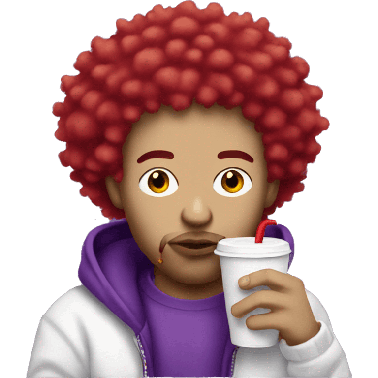 white skin rapper with red fluffy hair  sipping purple drink in white cup emoji