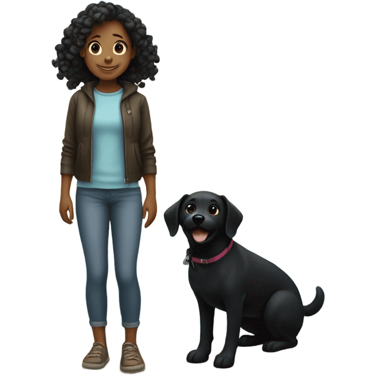 Smiling girl by ocean with black dog emoji