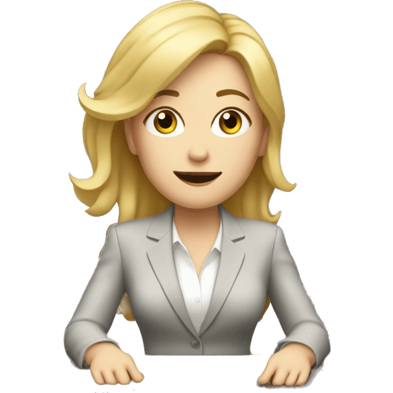 Blonde white woman wearing a suit sitting on the table telling the news towards the camera emoji