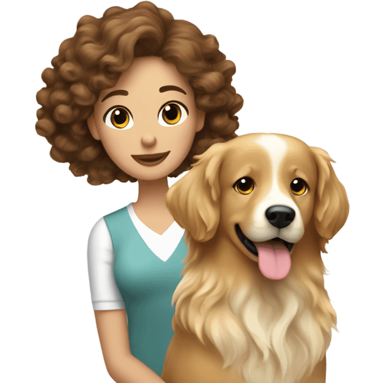 Long bouncy blow dry, brown haired woman and her English cream golden retriever curly haired dog emoji