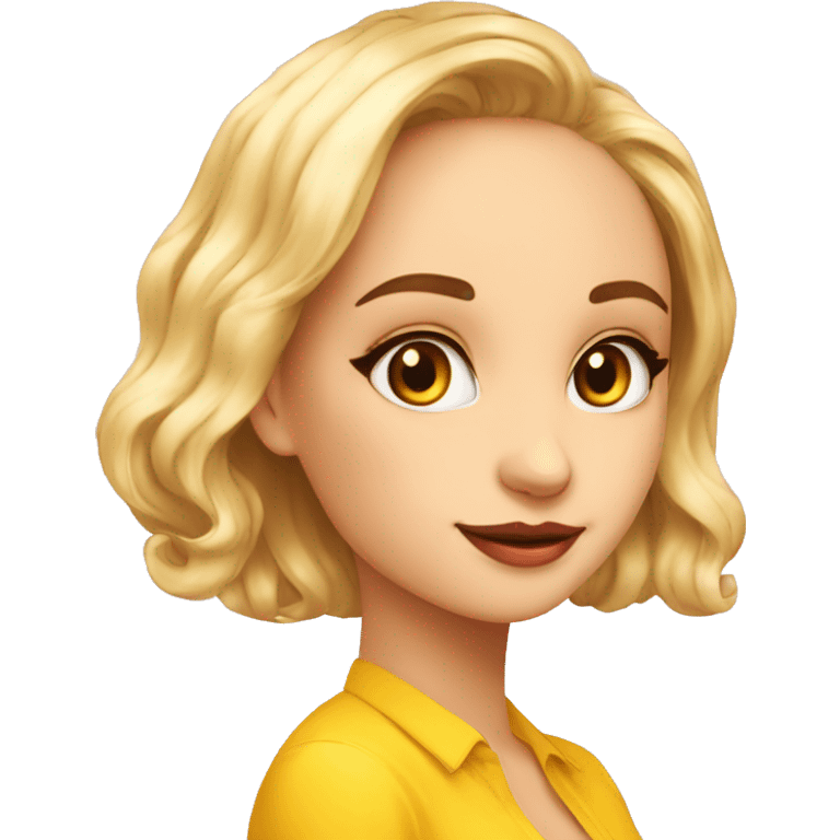 una chica medio rubia pelo largopiel clara ojos cafe camisa color amarillo emoji