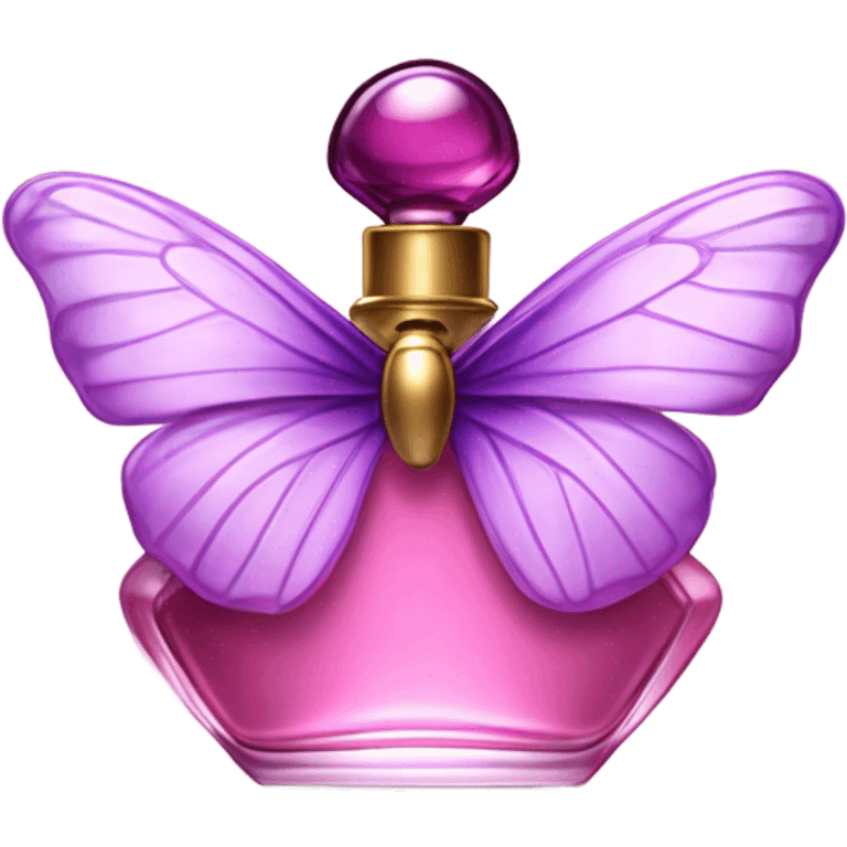 A dreamy vintage perfume bottle in dark pink, adorned with pastel violet butterfly wings. emoji