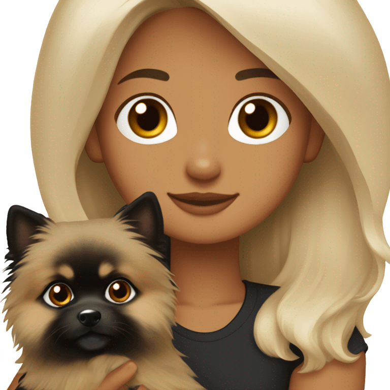 blonde girl, medium-length hair, gray eyes holding a black and tan Pomeranian Spitz in her arms emoji