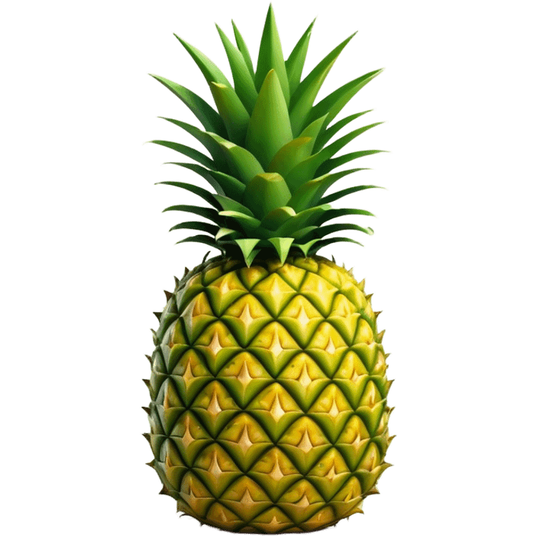 Cinematic Realistic Pineapple Emoji, Tropical and vibrant, with a golden-yellow textured skin and a crown of spiky green leaves on top. The body of the fruit is sharply geometric, its surface rich with natural patterns. Soft glowing outline, capturing the essence of exotic sweetness and tropical flair in a fresh pineapple! emoji