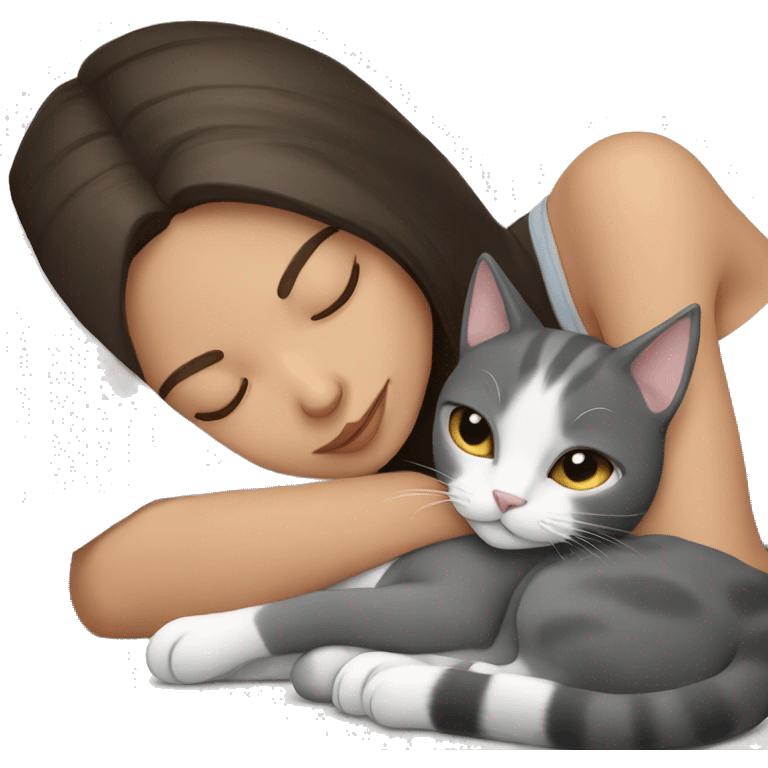 brunette girl sleeping with grey and white cat emoji