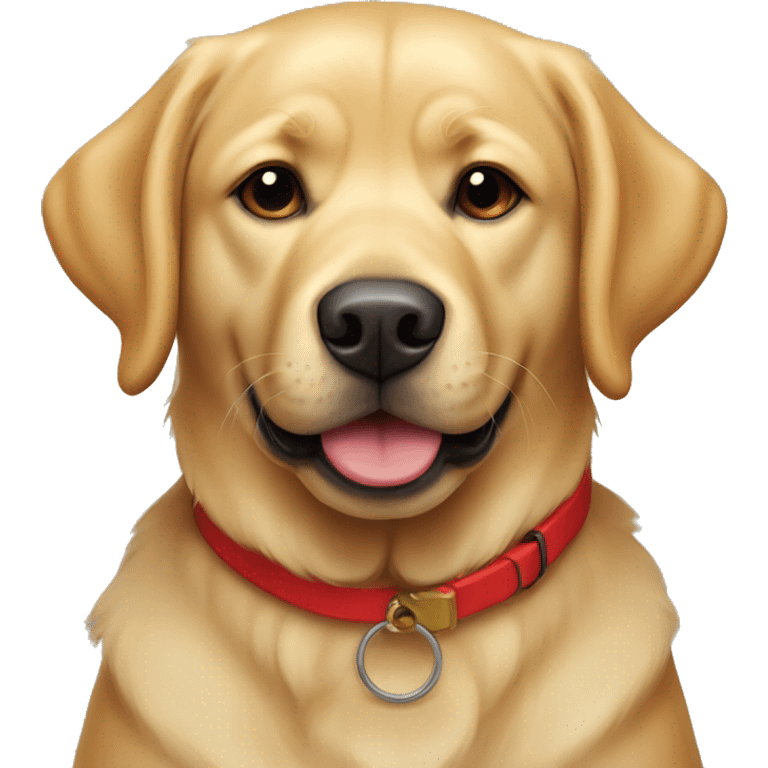 Round faced golden Labrador with black eyes and a smile and a red collar emoji