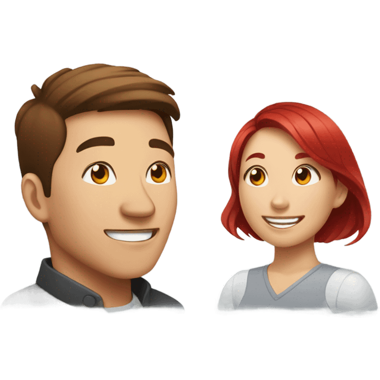 An Asian man with brown hair and an Asian woman with red hair are lying on their stomachs on a bed, smiling and talking. emoji