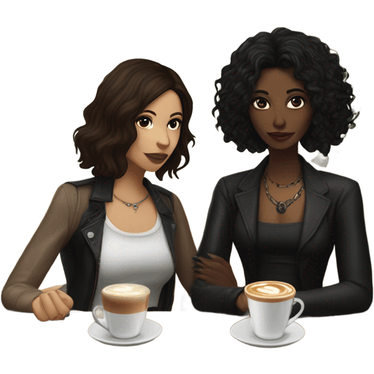 puerto rican woman light skin with shoulder-length, wavy, brown hair drinking latte with Italian goth woman with black, straight hair drinking espresso at table emoji