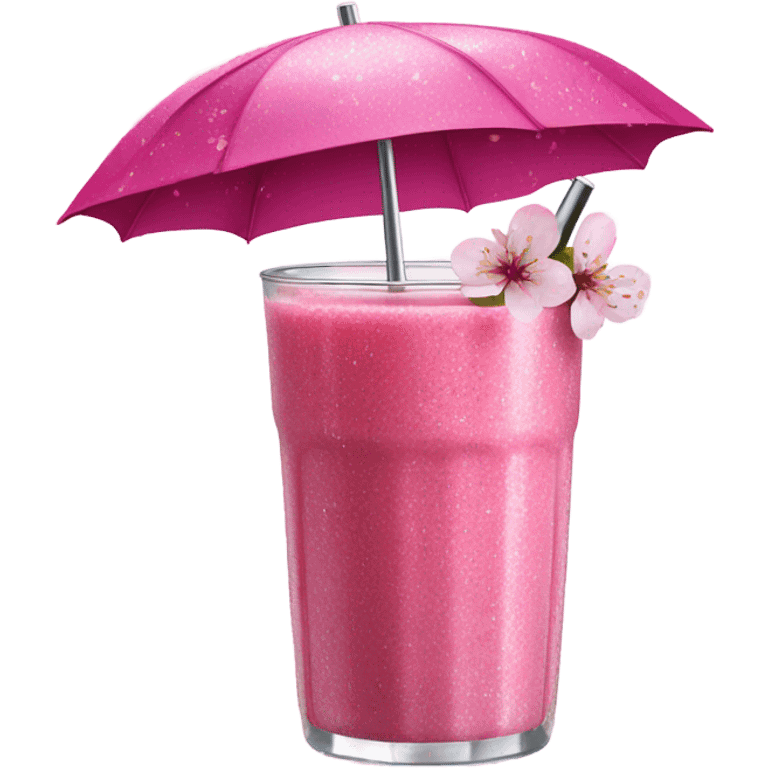 Hot pink smoothie with glitter, cherry blossom, and straw with umbrella  emoji