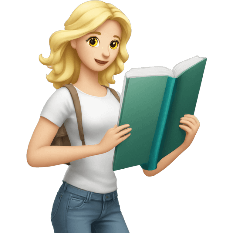 blonde mathelererin mit mathebuch in der hand mit einem zopf emoji