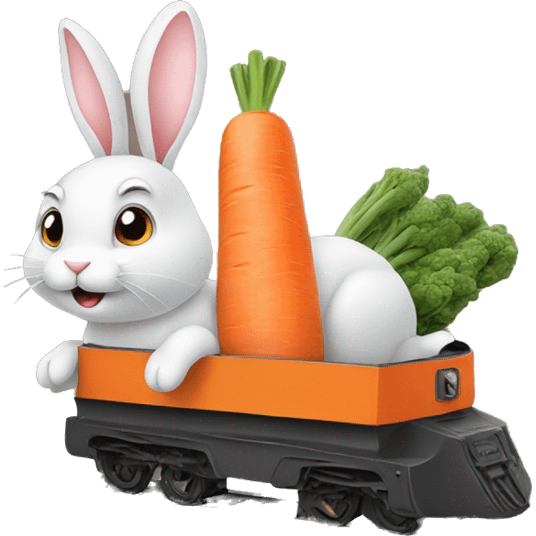 rabbit riding a train that is shaped like a carrot emoji