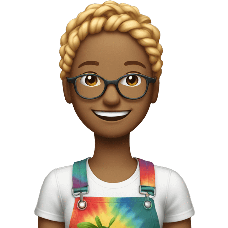 gardening lady with two red and blonde braids and tie-dye t-shirt and glasses white skin and big smile emoji