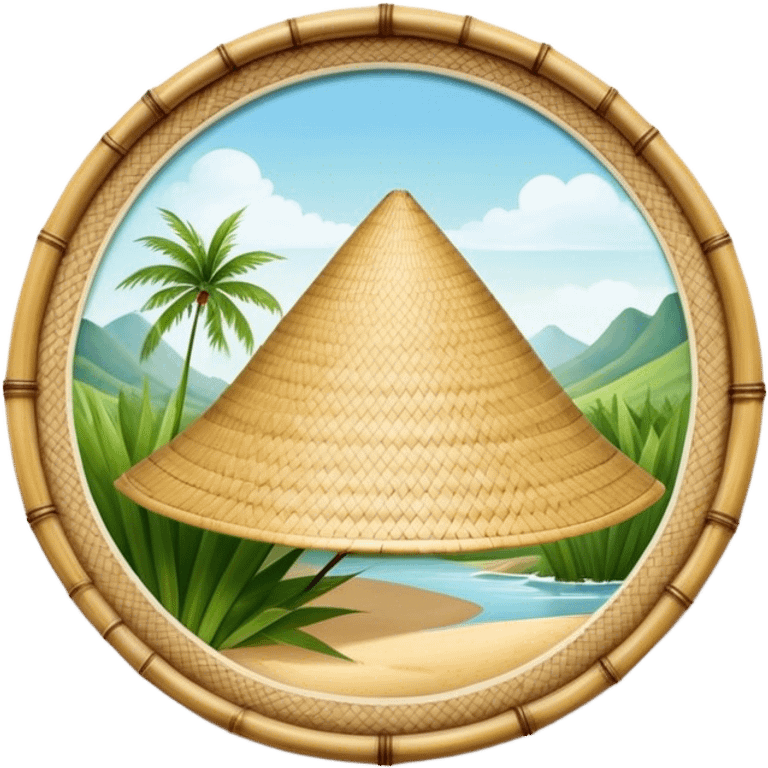 ​Cinematic Realistic Traditional Vietnamese Nón Lá, depicted as a delicately crafted conical hat made of bamboo and palm leaves with subtle texture and natural wear, set against a serene rural backdrop bathed in warm, soft sunlight, evoking authentic cultural heritage, emoji